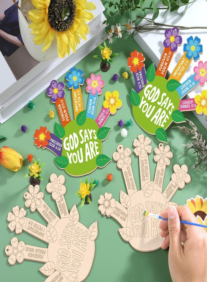 CHUNNIN 12 Set Sunday School Craft Kit God Says You are DIY Handprint Flower Craft Christian Wooden Pot Painting Coloring Kit DIY Activities Religious Bible Gift with String for Classroom Church Home - Image 4